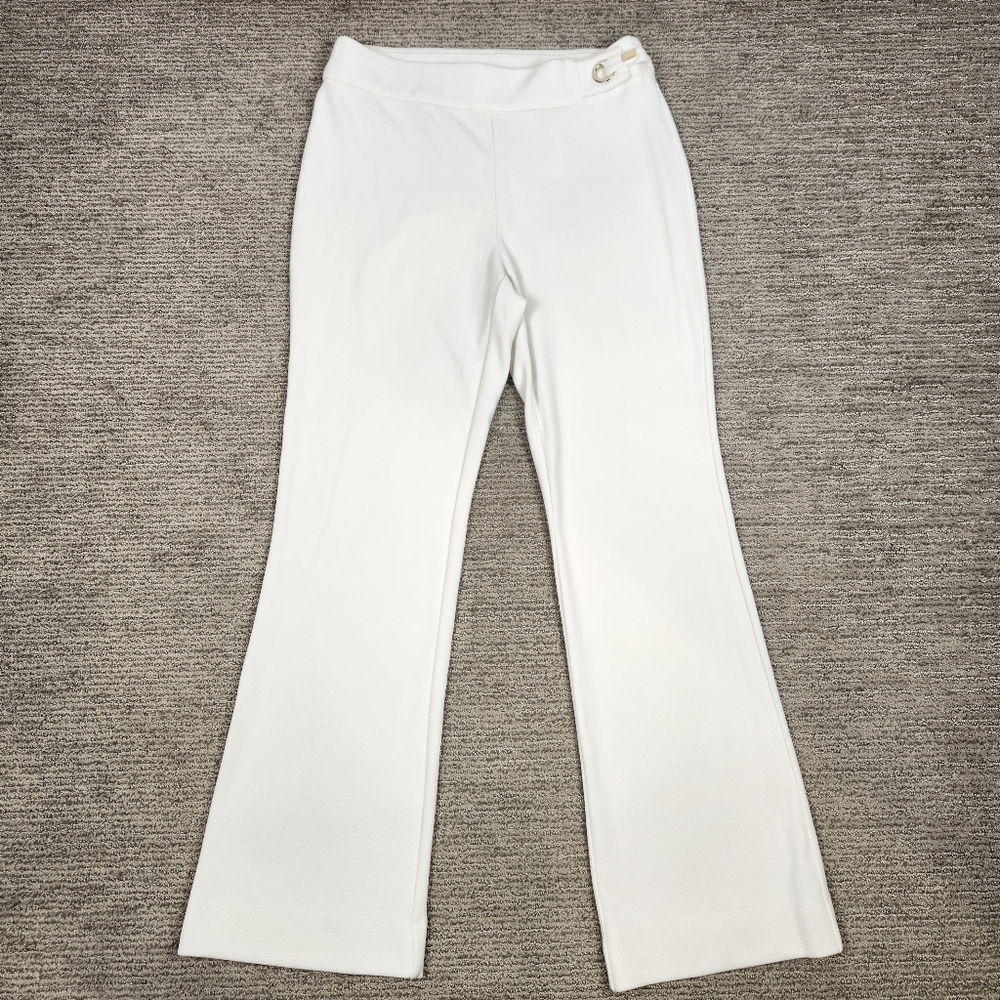 Chicos Knit Trouser Pull On Dress Pant White With Gold Waist Accents Womens 10